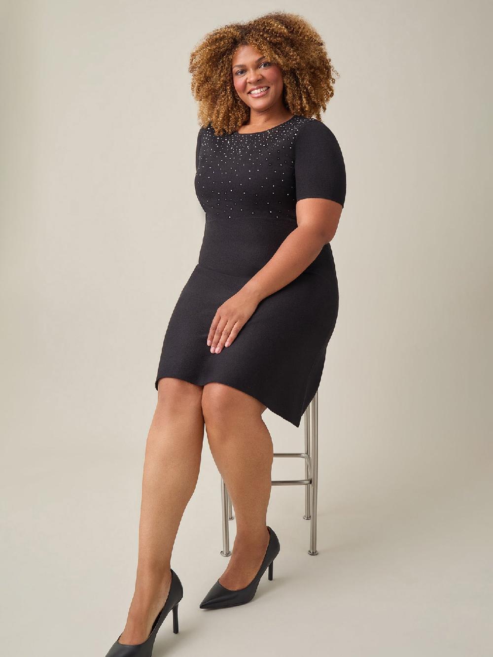 Kasper Quarter Sleeve Crew Neck Dress Black