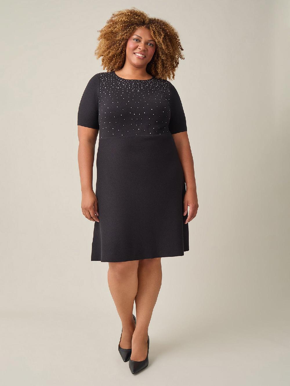 kasper Quarter Sleeve Crew Neck Dress Black