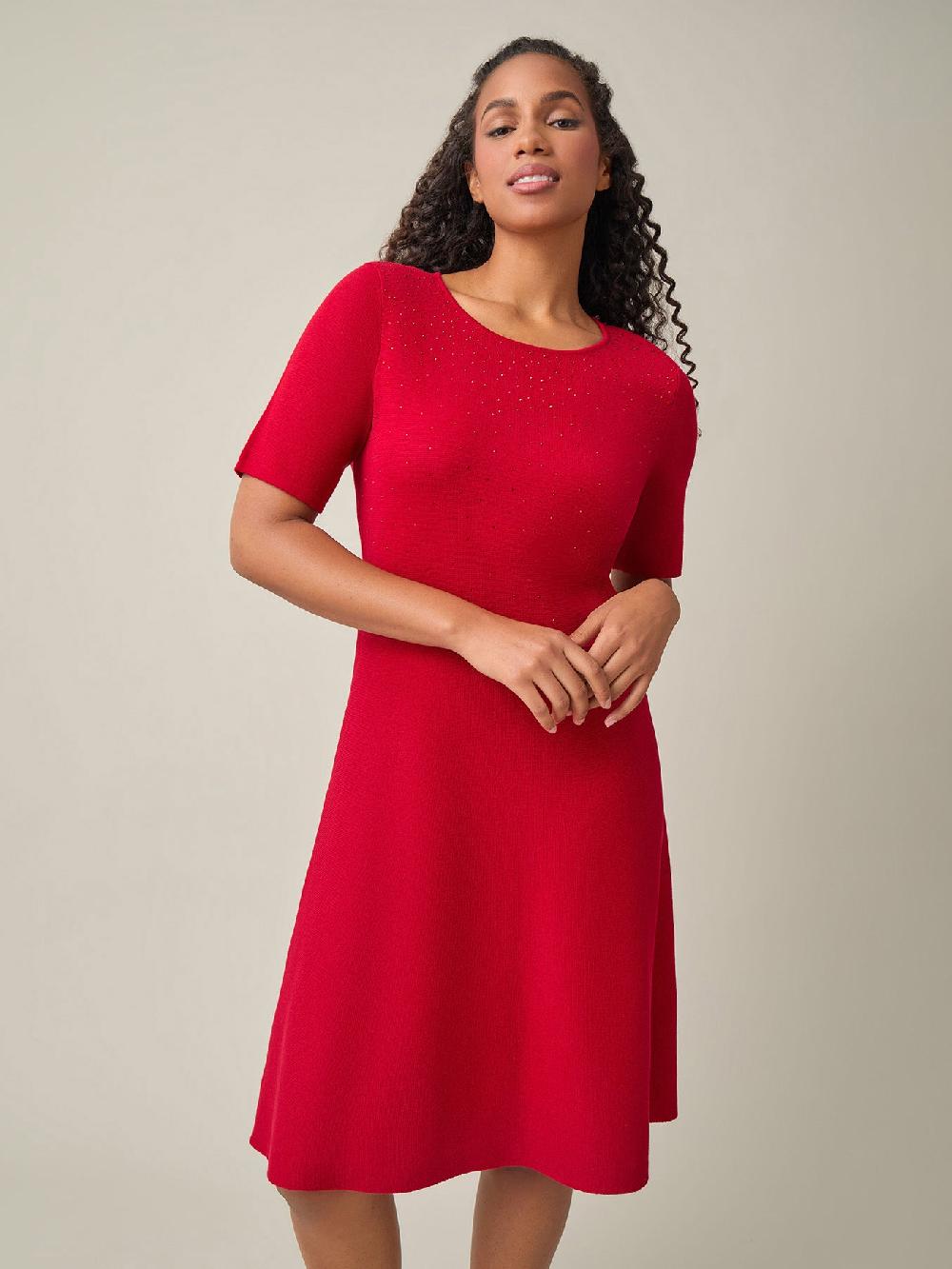 Kasper Quarter Sleeve Crew Neck Dress Crimson