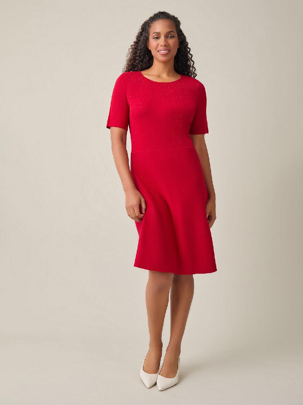 Kasper Quarter Sleeve Crew Neck Dress Crimson