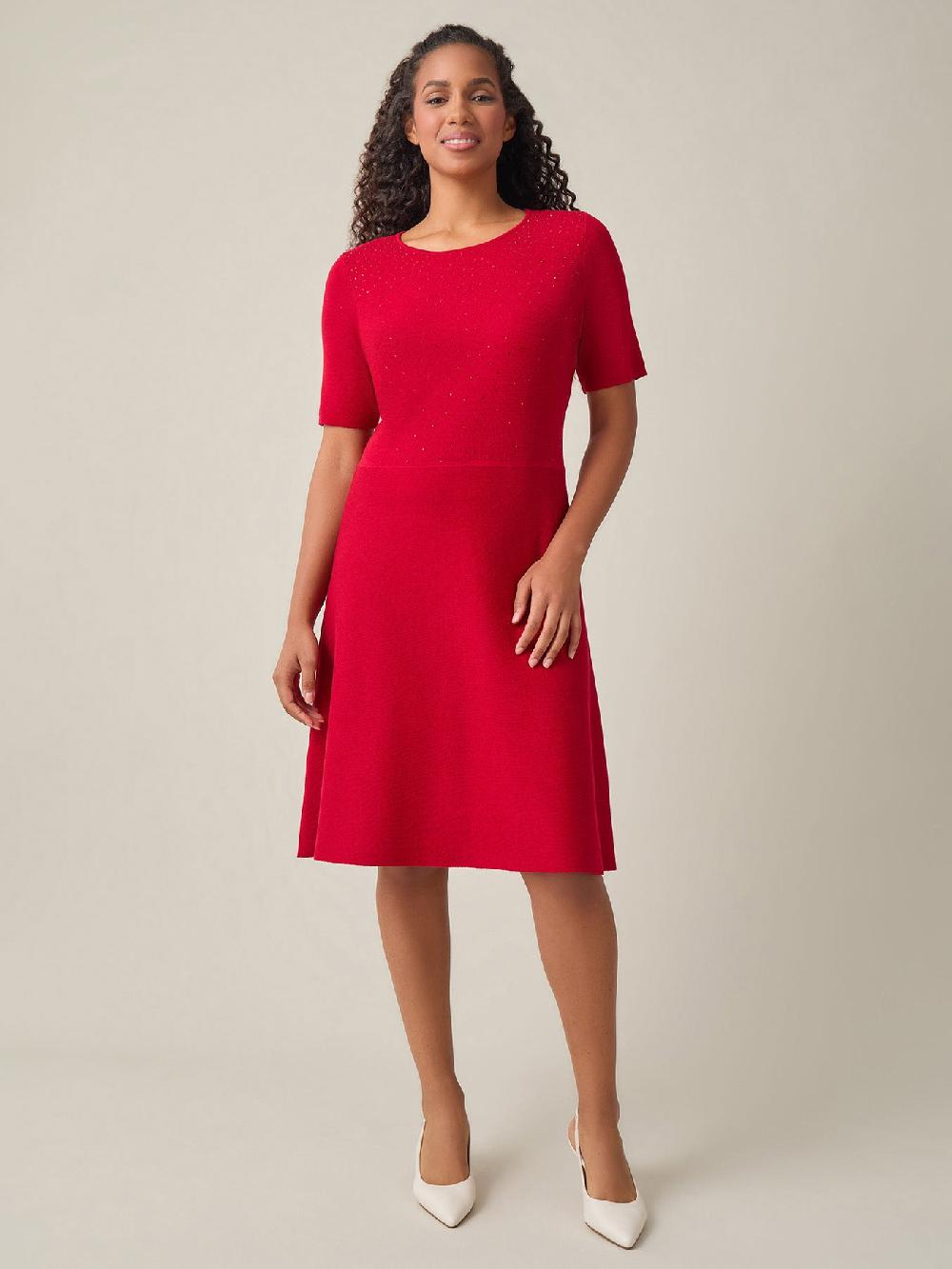 kasper Quarter Sleeve Crew Neck Dress Crimson