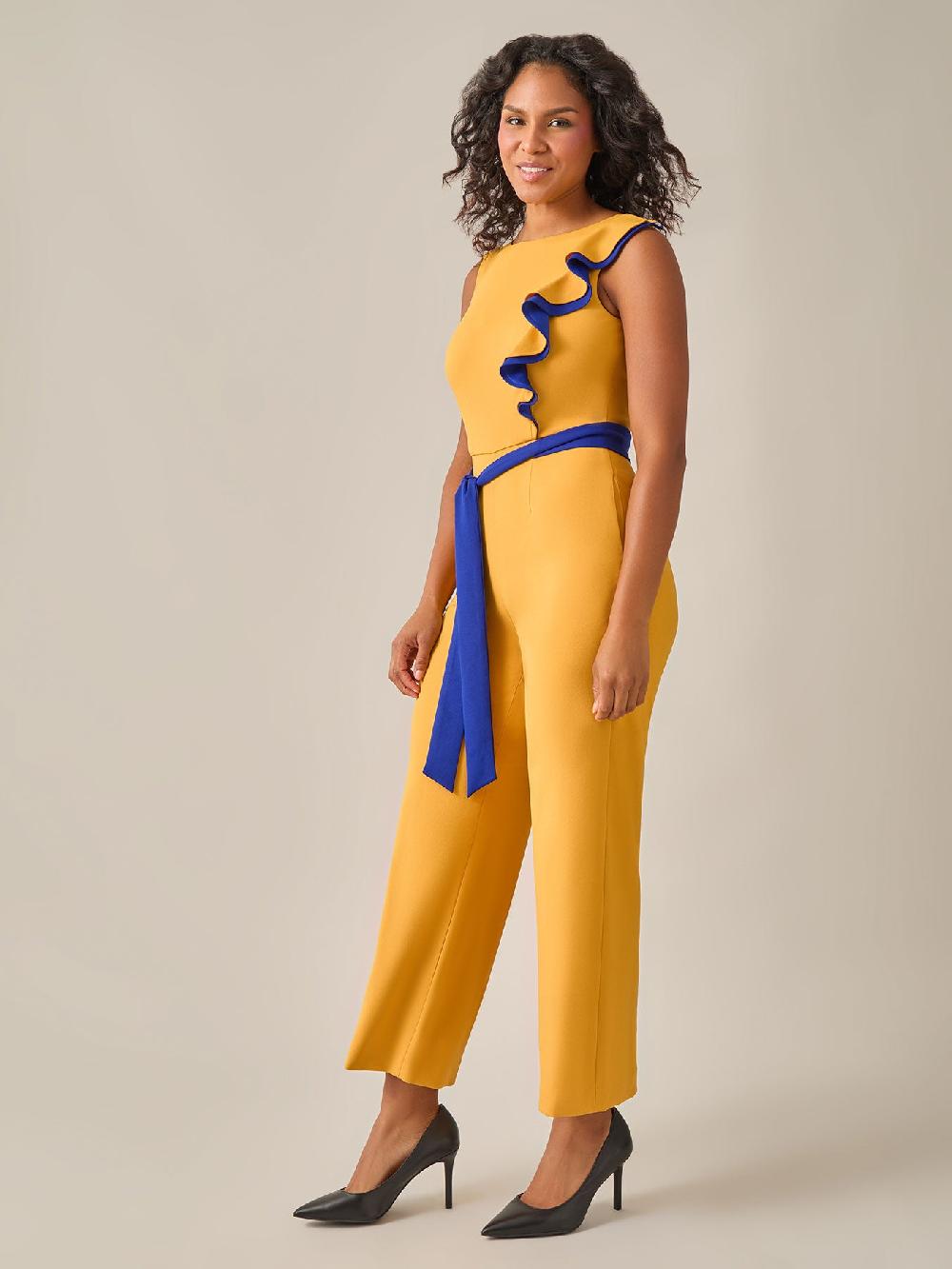 Kasper Ruffle Shoulder Jumpsuit Gold Signature