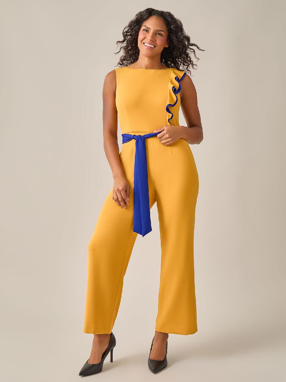 kasper Ruffle Shoulder Jumpsuit Gold Signature
