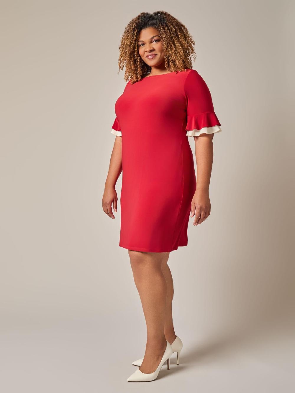 Kasper Ruffle Sleeve Shift Dress Crimson/Cream