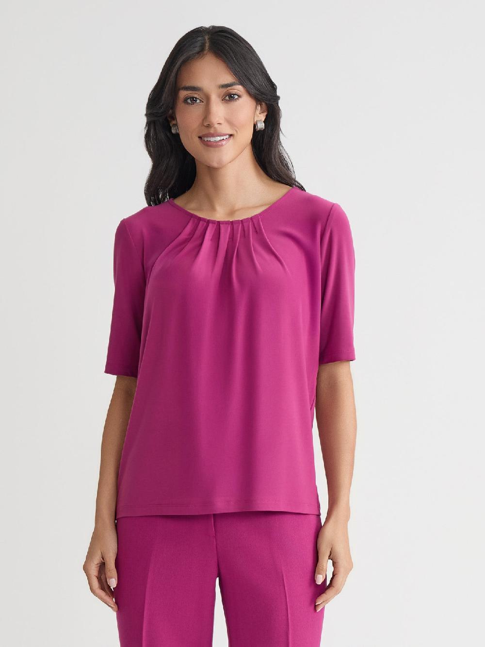 kasper Short Sleeve Shirred Neck Top Everyday Knit