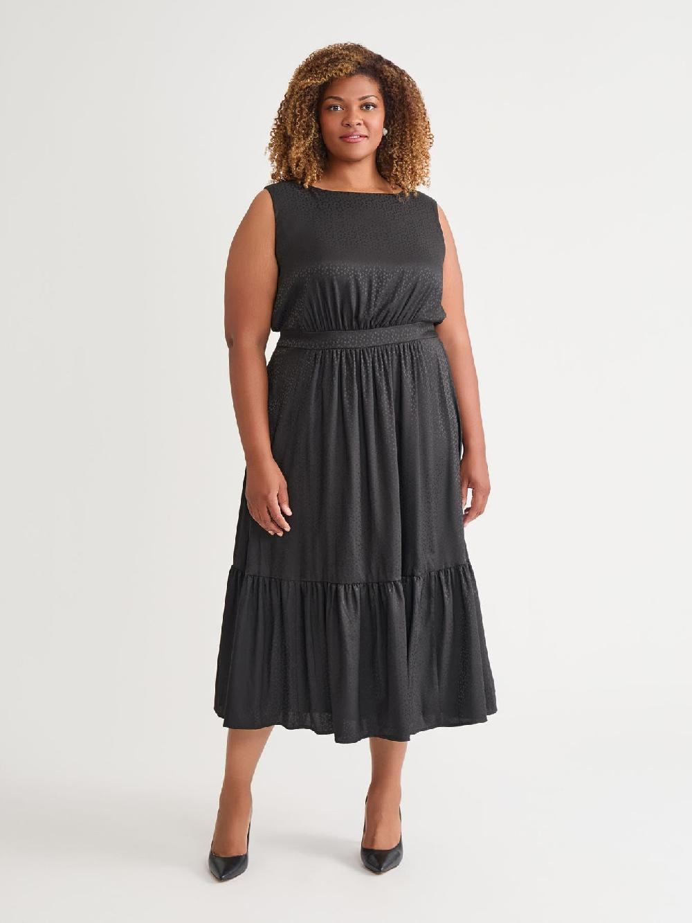 kasper Sleeveless Boat Neck Tiered Dress Black