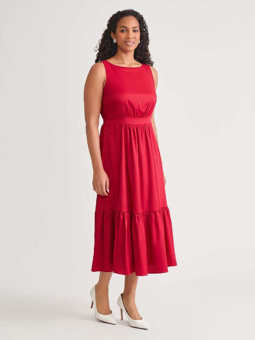 Kasper Sleeveless Boat Neck Tiered Dress Crimson