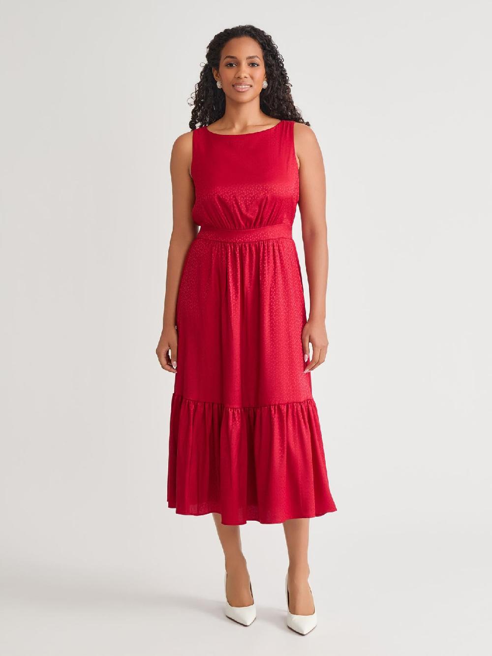 kasper Sleeveless Boat Neck Tiered Dress Crimson