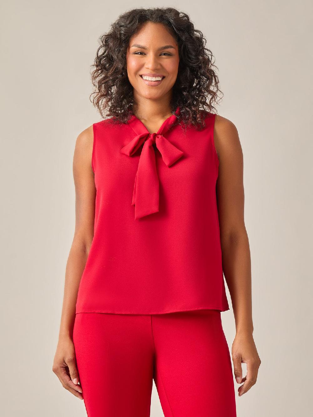 kasper Sleeveless Bow Neck Blouse Crimson