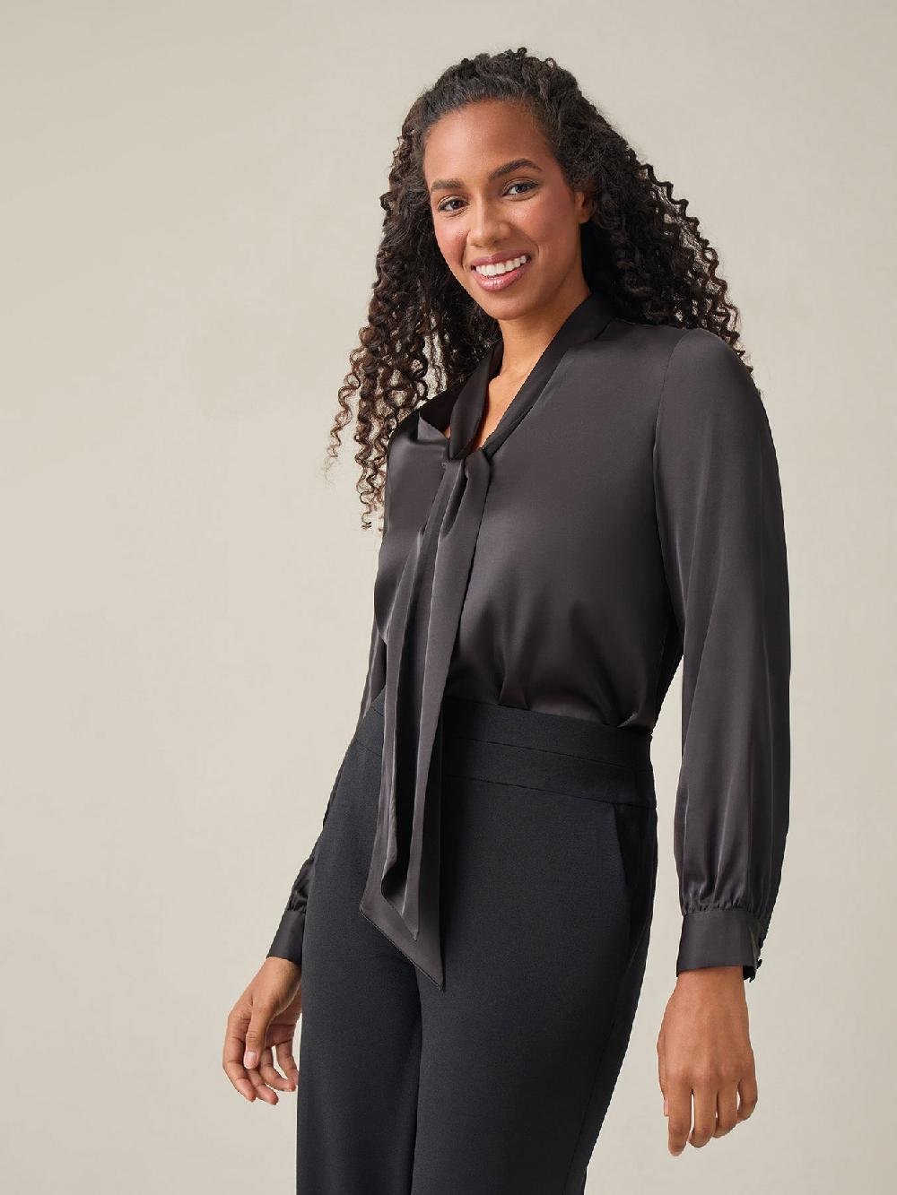 Kasper Tie-Neck Long Sleeve Blouse Black