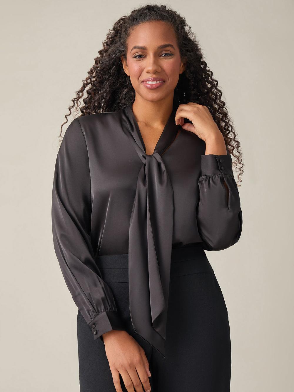 kasper Tie-Neck Long Sleeve Blouse Black