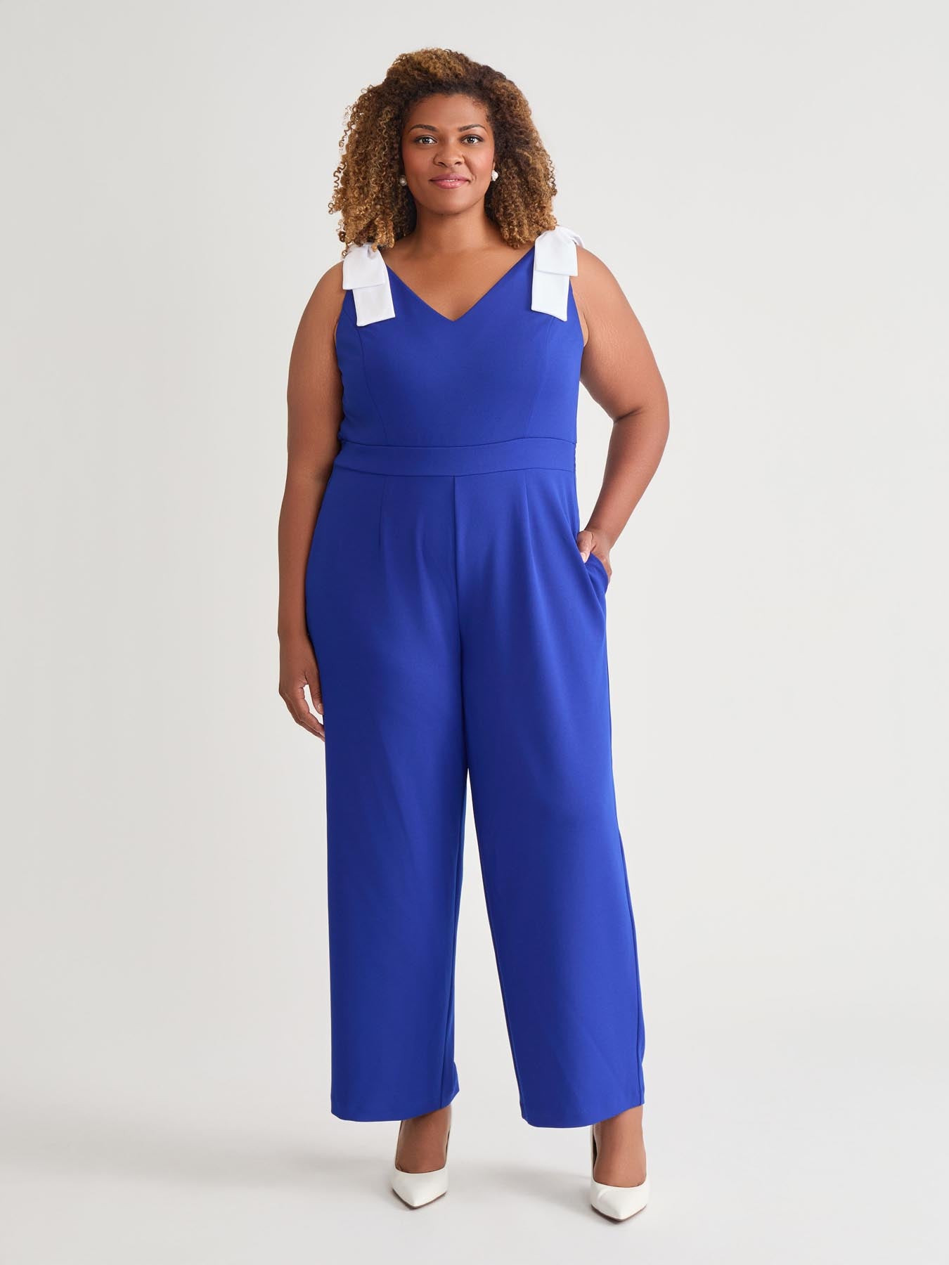 kasper Tie Strap Jumpsuit Royal Signature/White