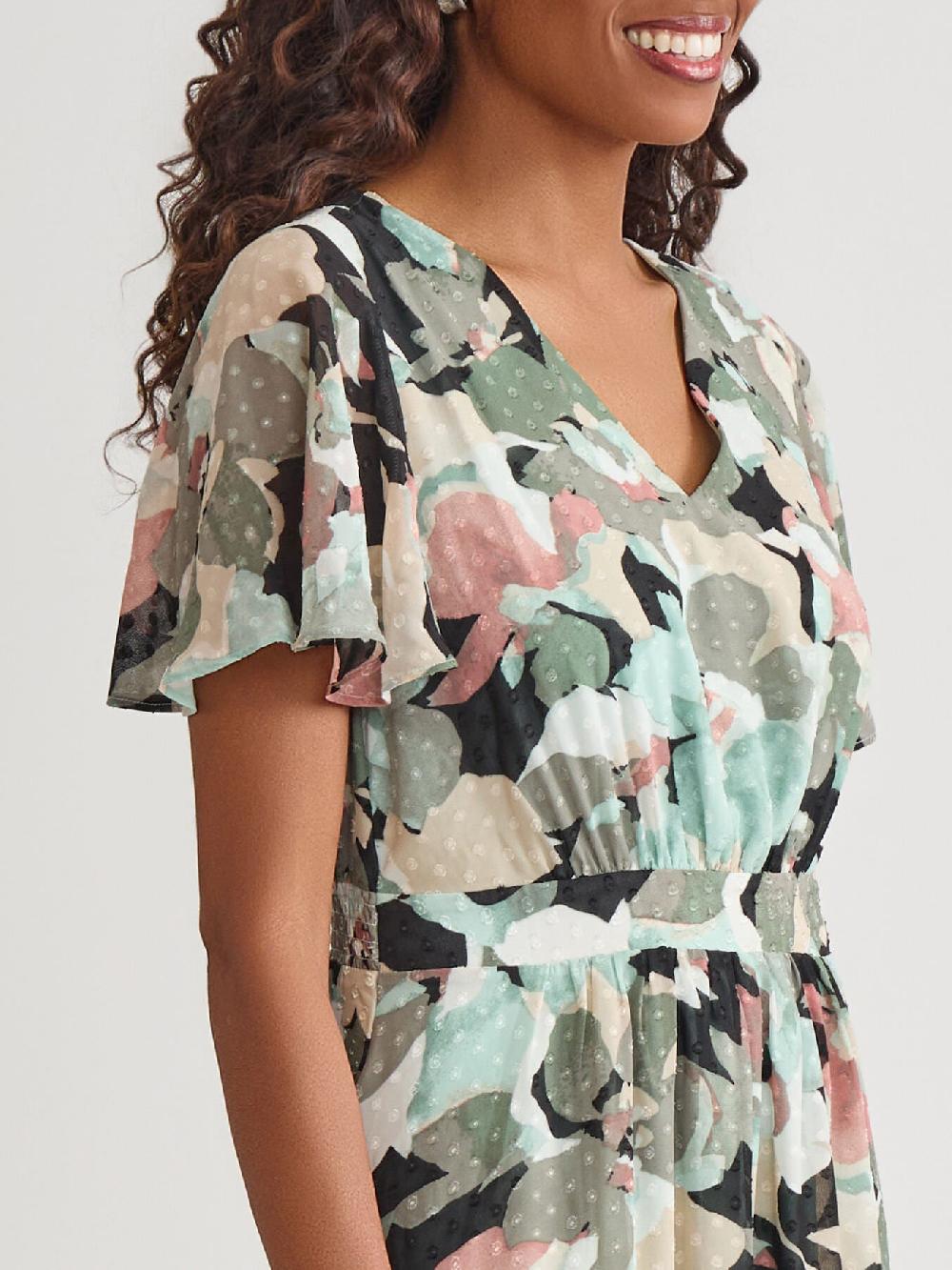 Kasper V-Neck Tiered Dress Clip Dot Chiffon