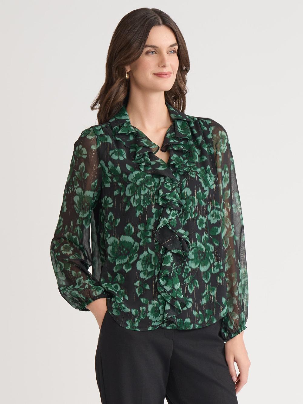 Kasper Long Sleeve Ruffle Front Blouse Classic Drape