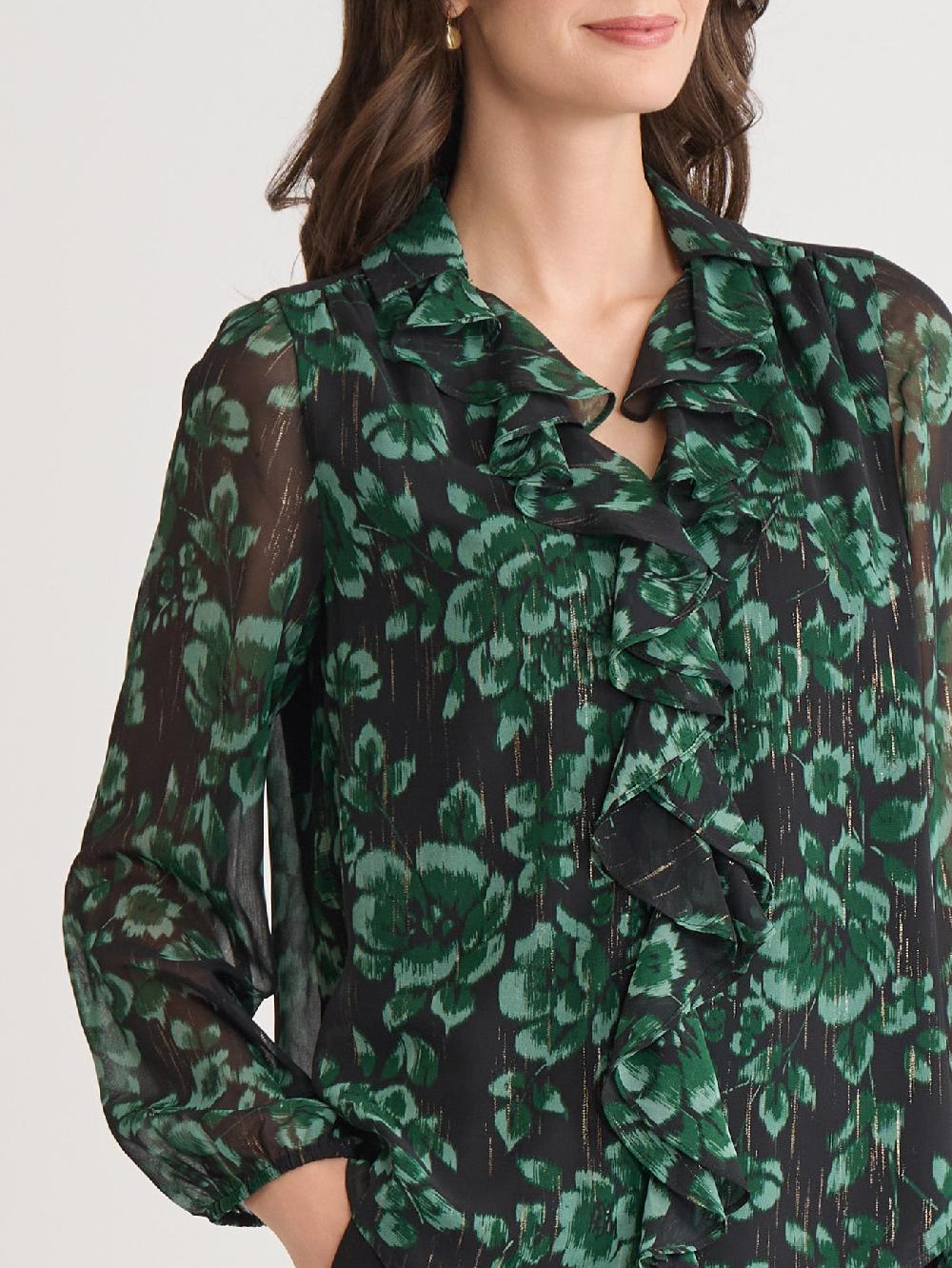 Kasper Long Sleeve Ruffle Front Blouse Classic Drape