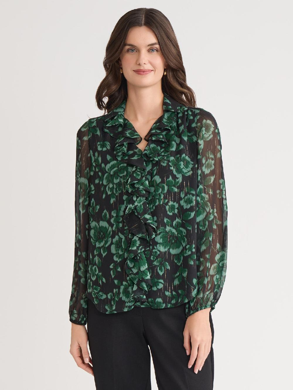 kasper Long Sleeve Ruffle Front Blouse Classic Drape