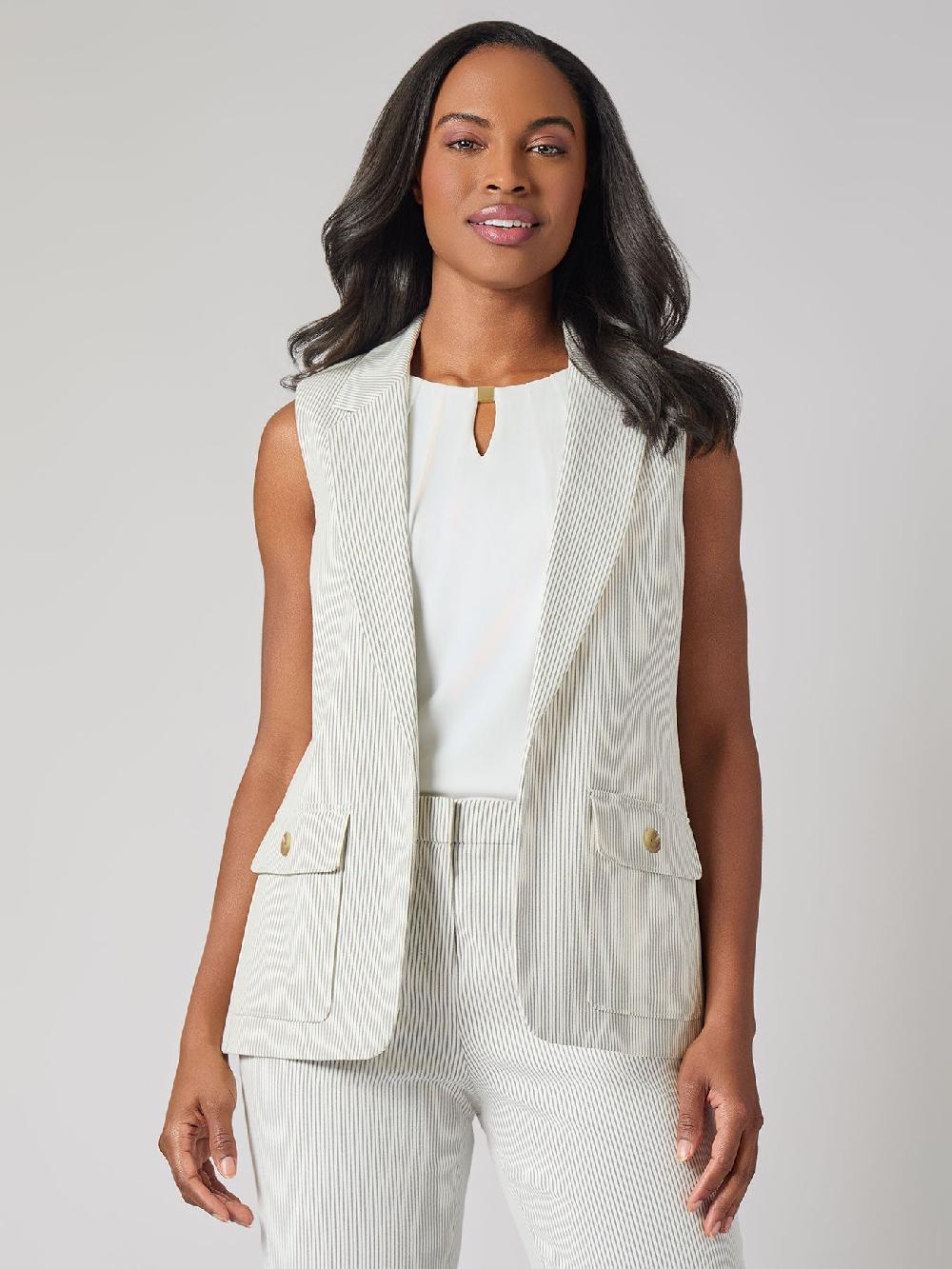 kasper Notch Collar Pinstripe Vest Stretch Cotton Blend