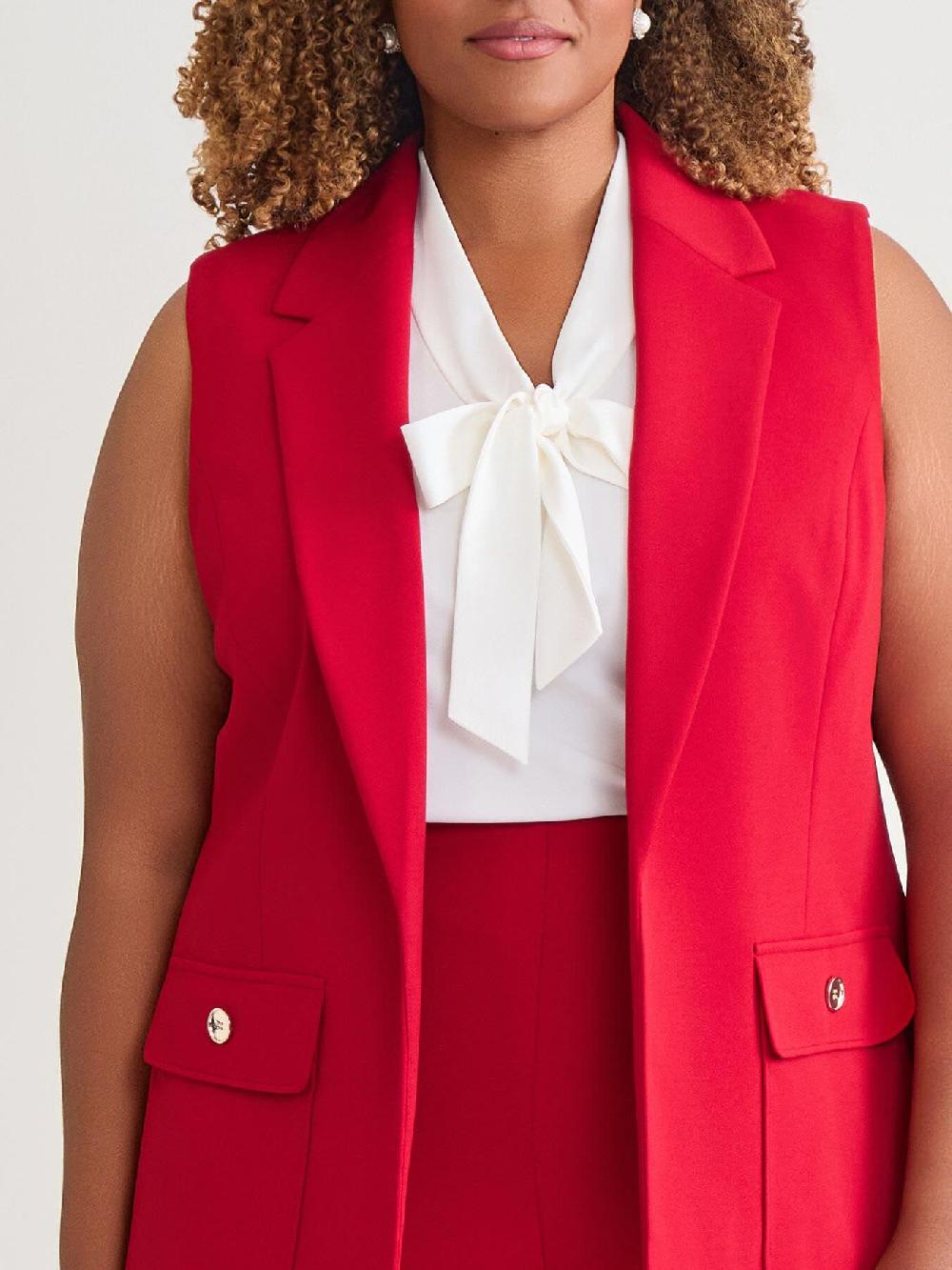 Kasper Notch Collar Vest With Patch Pockets Crimson