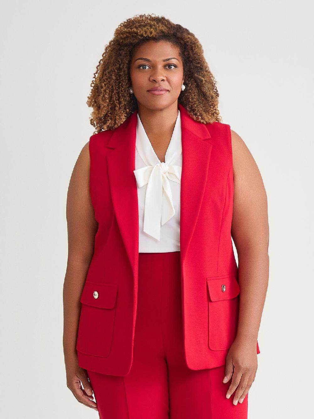 kasper Notch Collar Vest With Patch Pockets Crimson