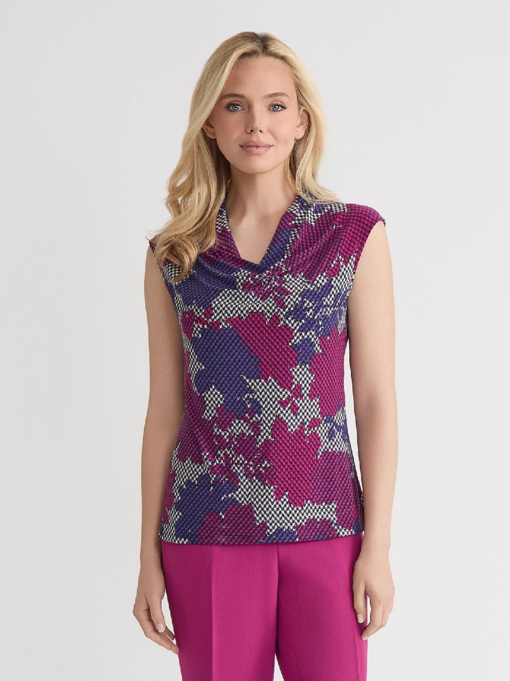 kasper Petite Houndstooth Floral Cowl Neck Top Everyday Knit