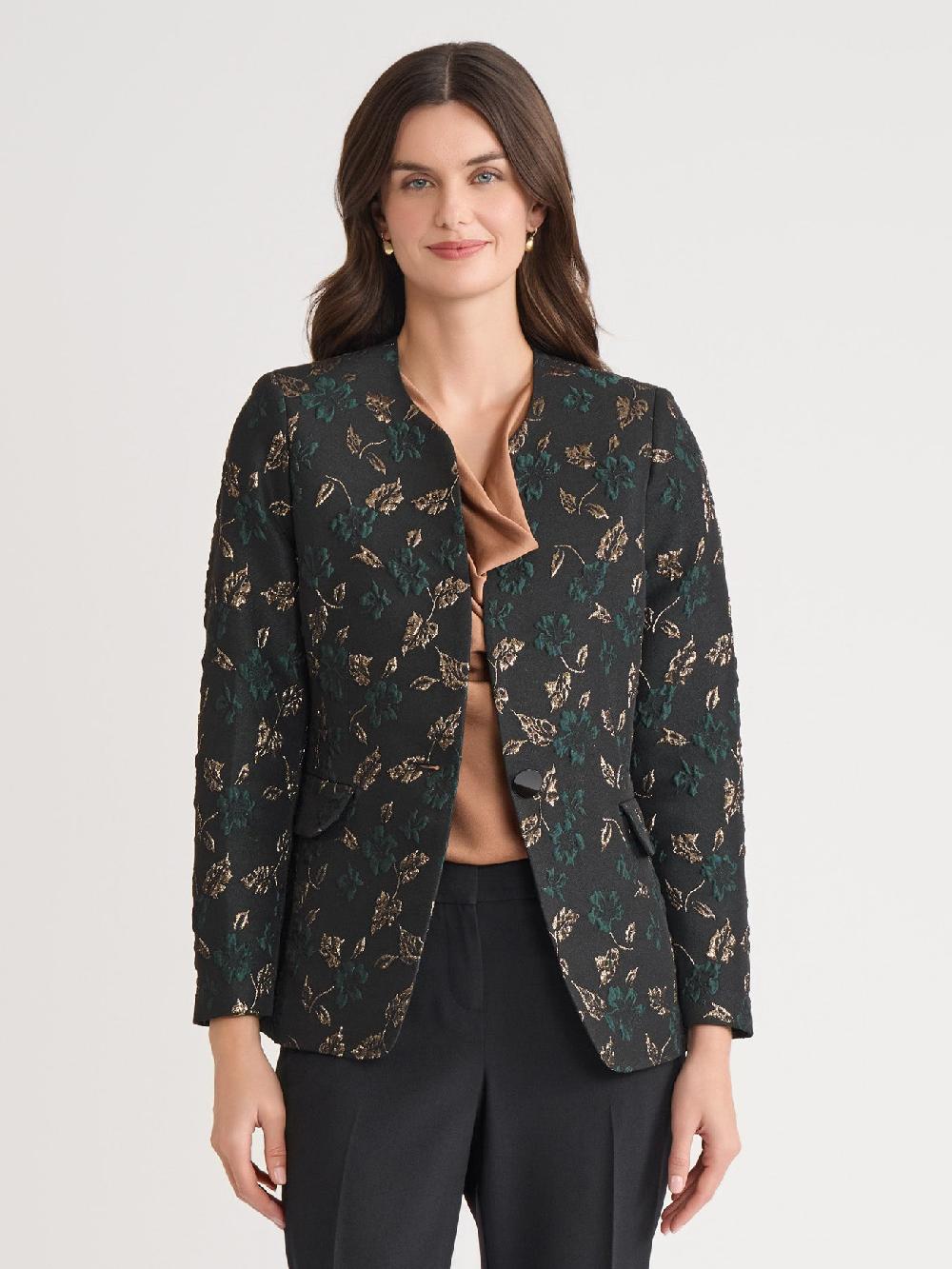 kasper Petite One Button Collarless Jacket Jacquard Knit