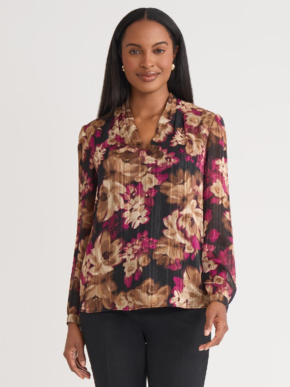 kasper Petite V-Neck Pleated Shoulder Blouse Classic Drape