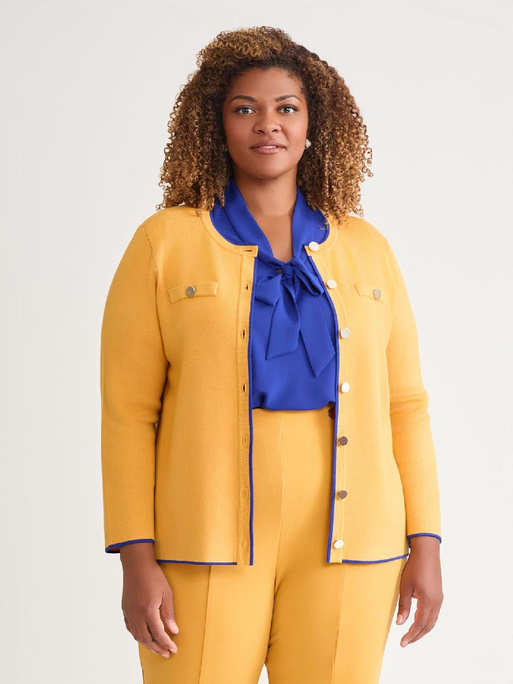 Kasper Piping Detail Cardigan Gold Signature/Royal Signature