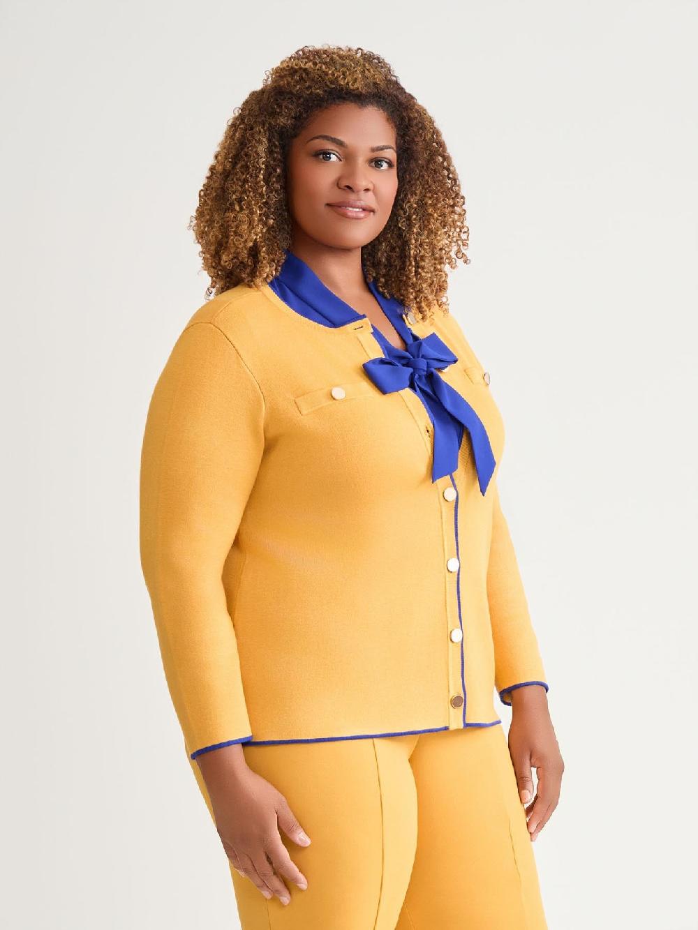 Kasper Piping Detail Cardigan Gold Signature/Royal Signature