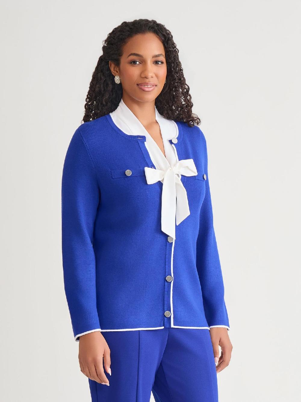 Kasper Piping Detail Cardigan Royal Signature/White