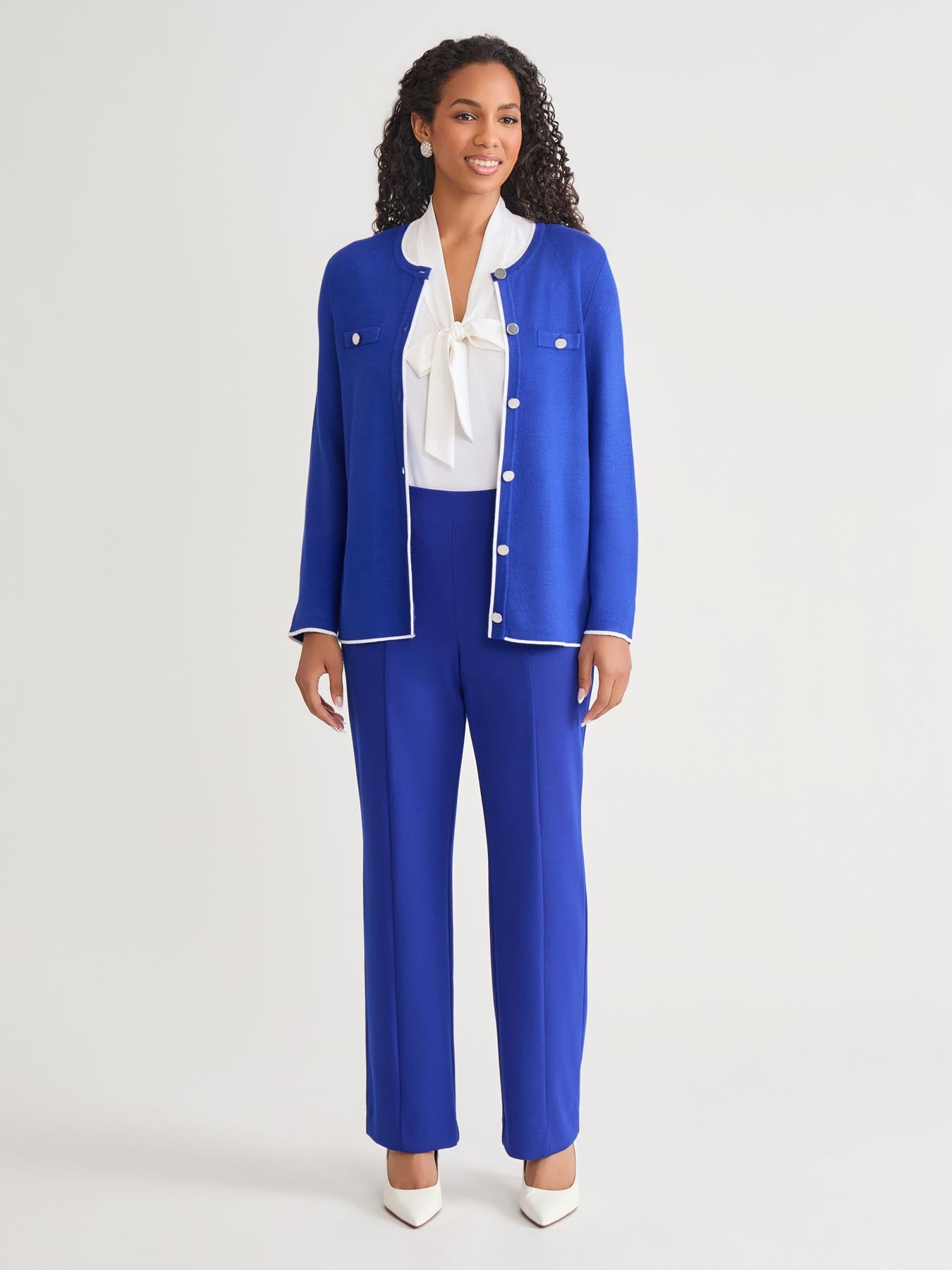 Kasper Piping Detail Cardigan Royal Signature/White