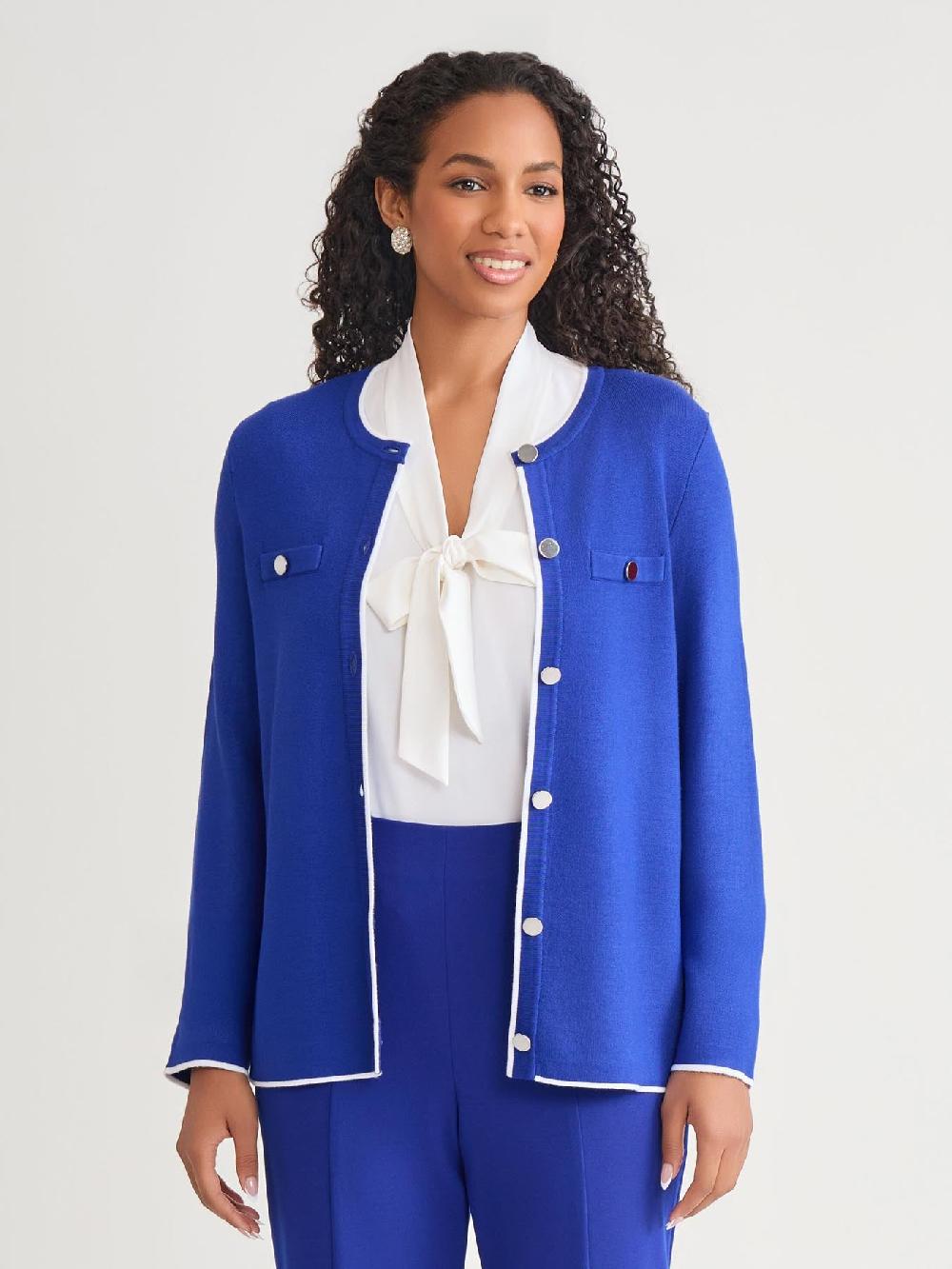 kasper Piping Detail Cardigan Royal Signature/White