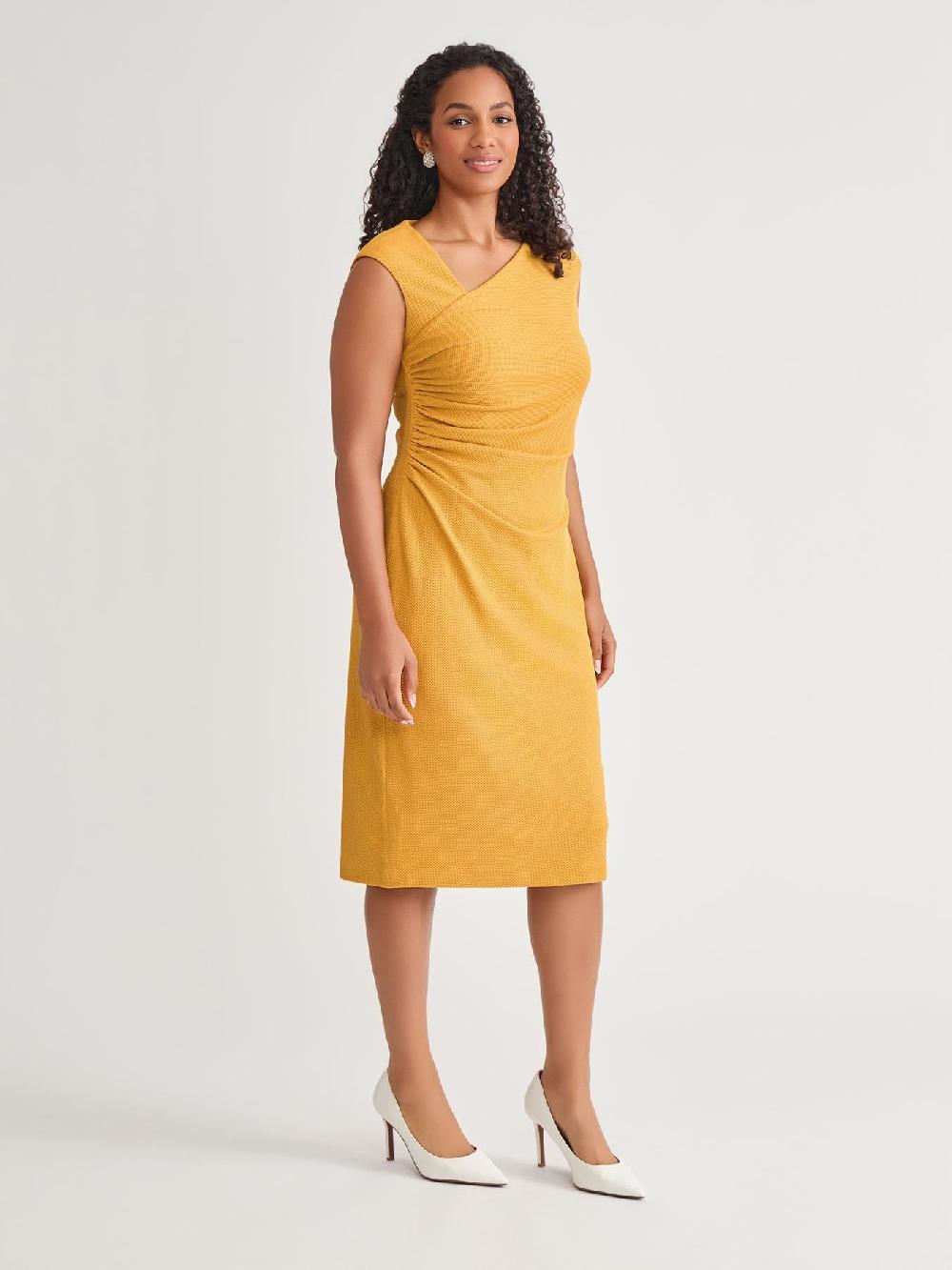 Kasper Plus Asymmetrical Neck Ruched Midi Dress Gold Signature