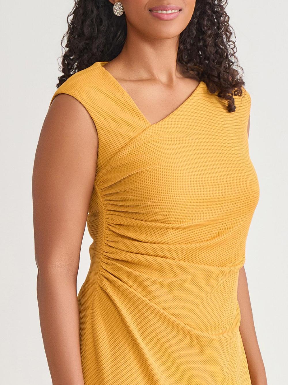 Kasper Plus Asymmetrical Neck Ruched Midi Dress Gold Signature