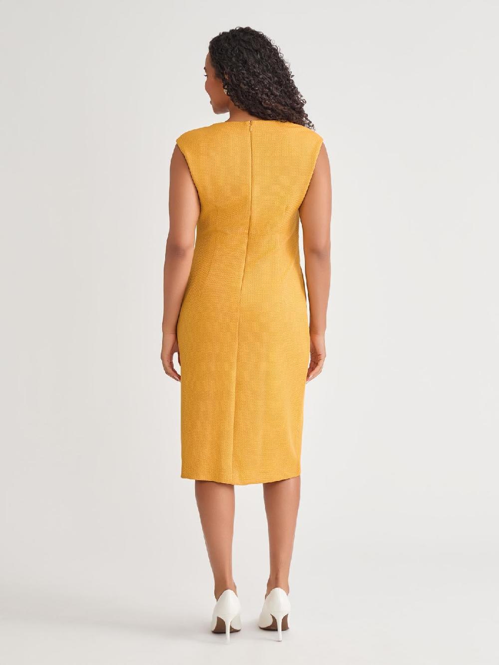 Kasper Plus Asymmetrical Neck Ruched Midi Dress Gold Signature
