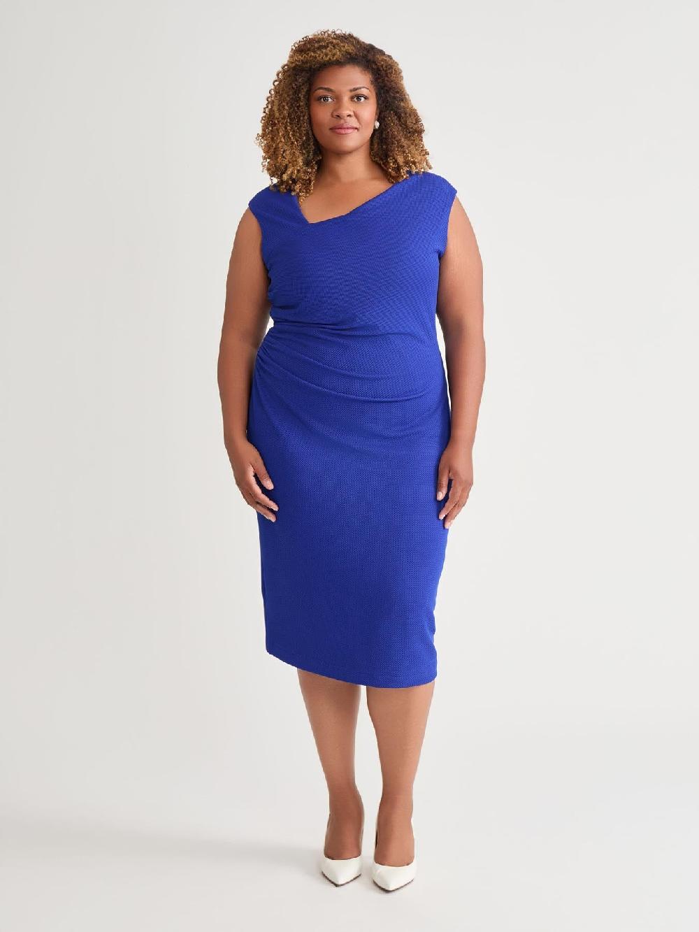 kasper Plus Asymmetrical Neck Ruched Midi Dress Royal Signature