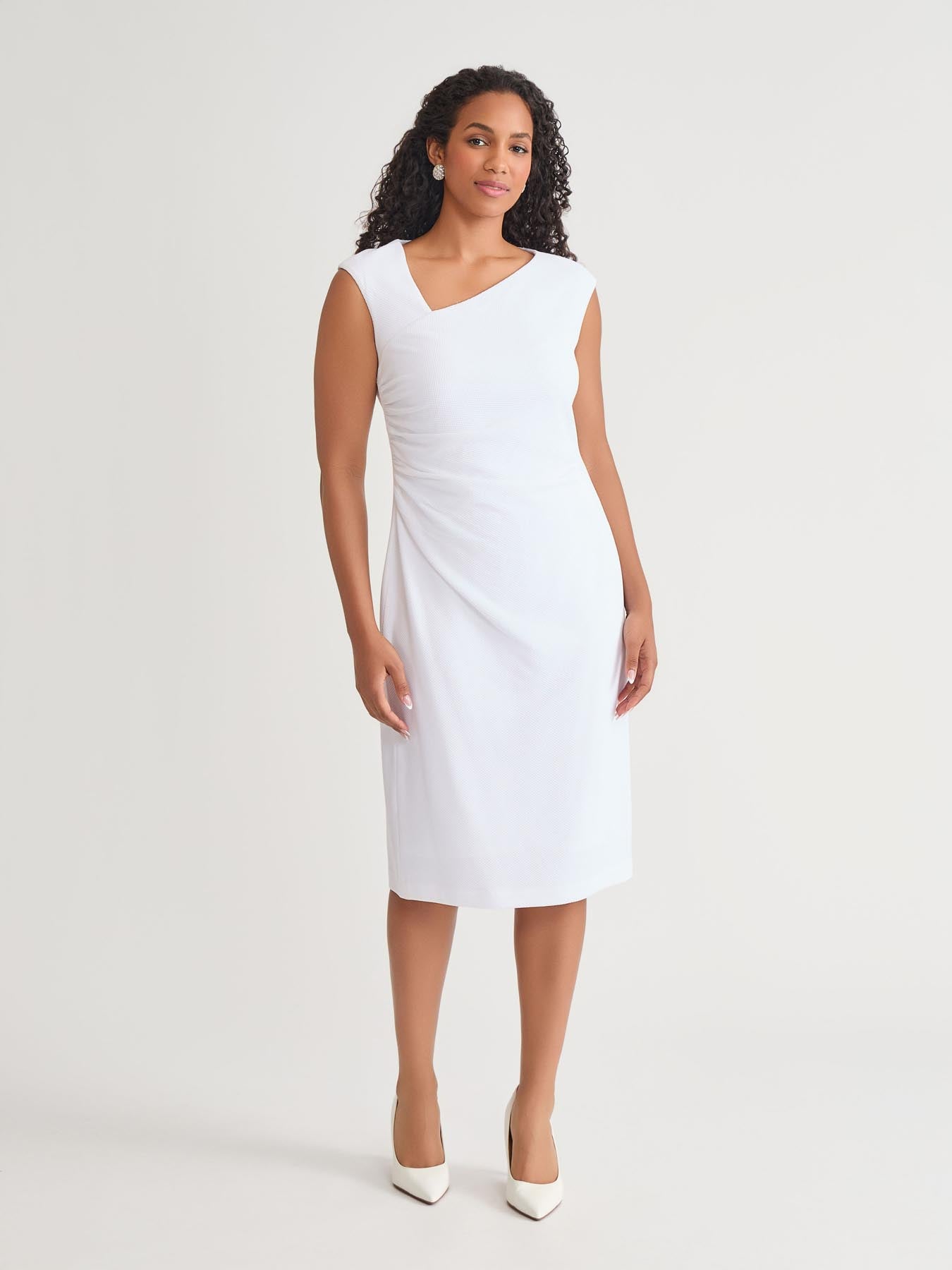 kasper Plus Asymmetrical Neck Ruched Midi Dress White