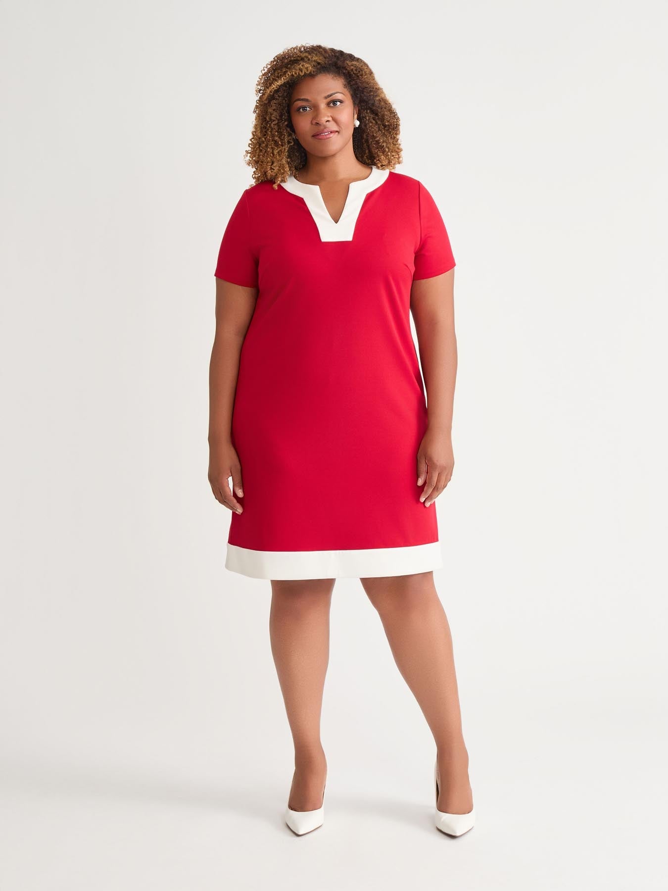 kasper Plus Cap Sleeve Combo Shift Dress Crimson/Cream