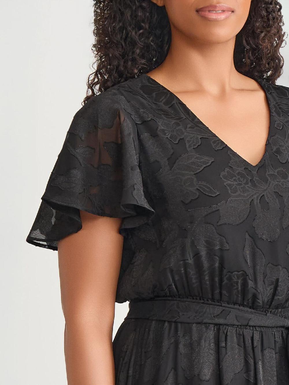 Kasper Plus Flutter Sleeve Smocked Waist Dress Black