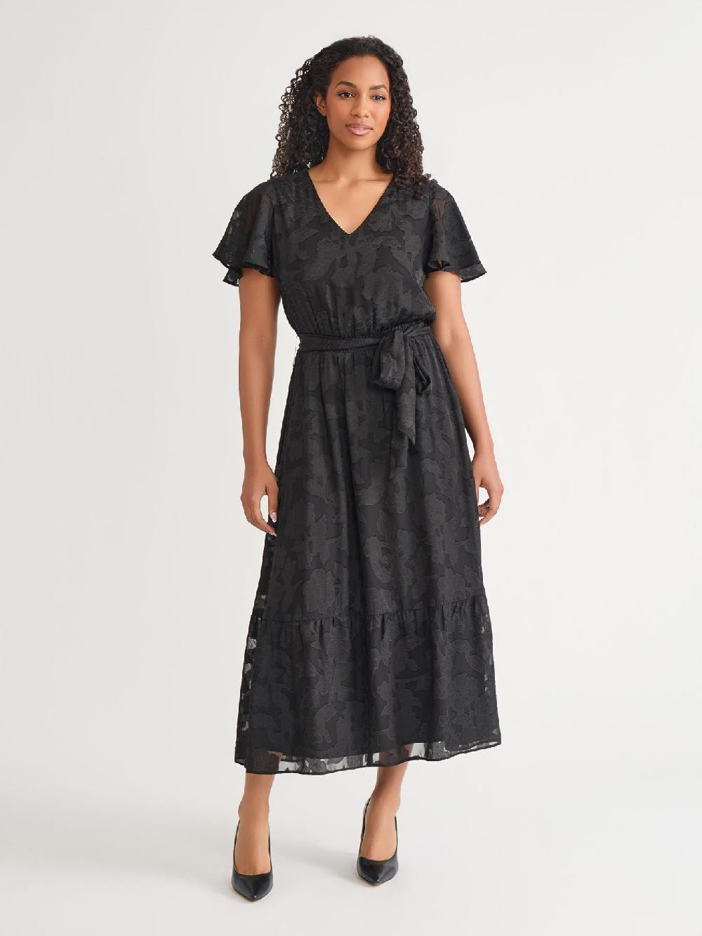 kasper Plus Flutter Sleeve Smocked Waist Dress Black