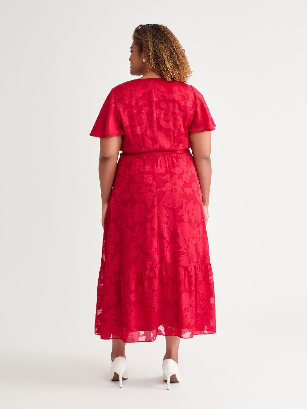 Kasper Plus Flutter Sleeve Smocked Waist Dress Crimson