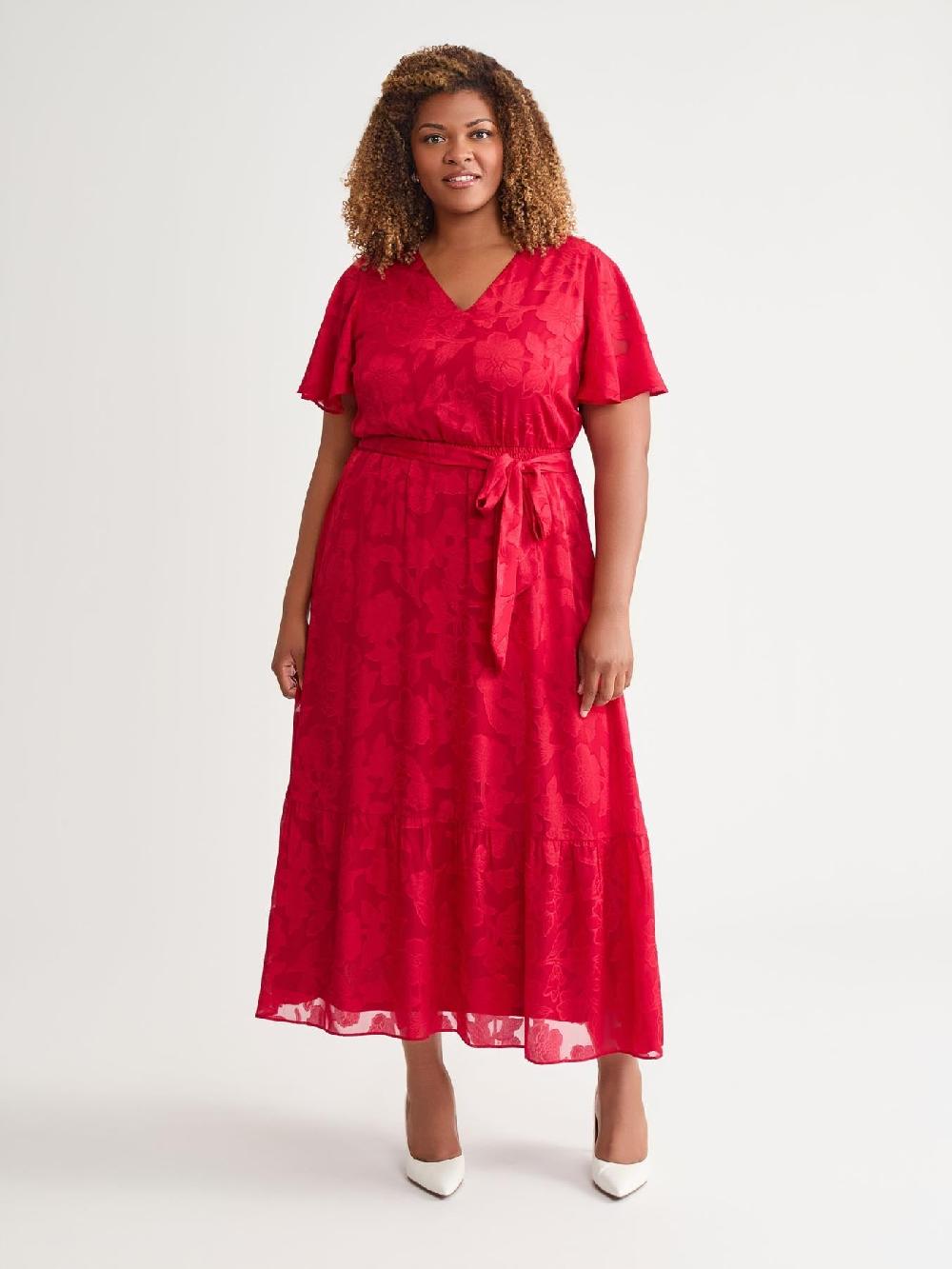 kasper Plus Flutter Sleeve Smocked Waist Dress Crimson