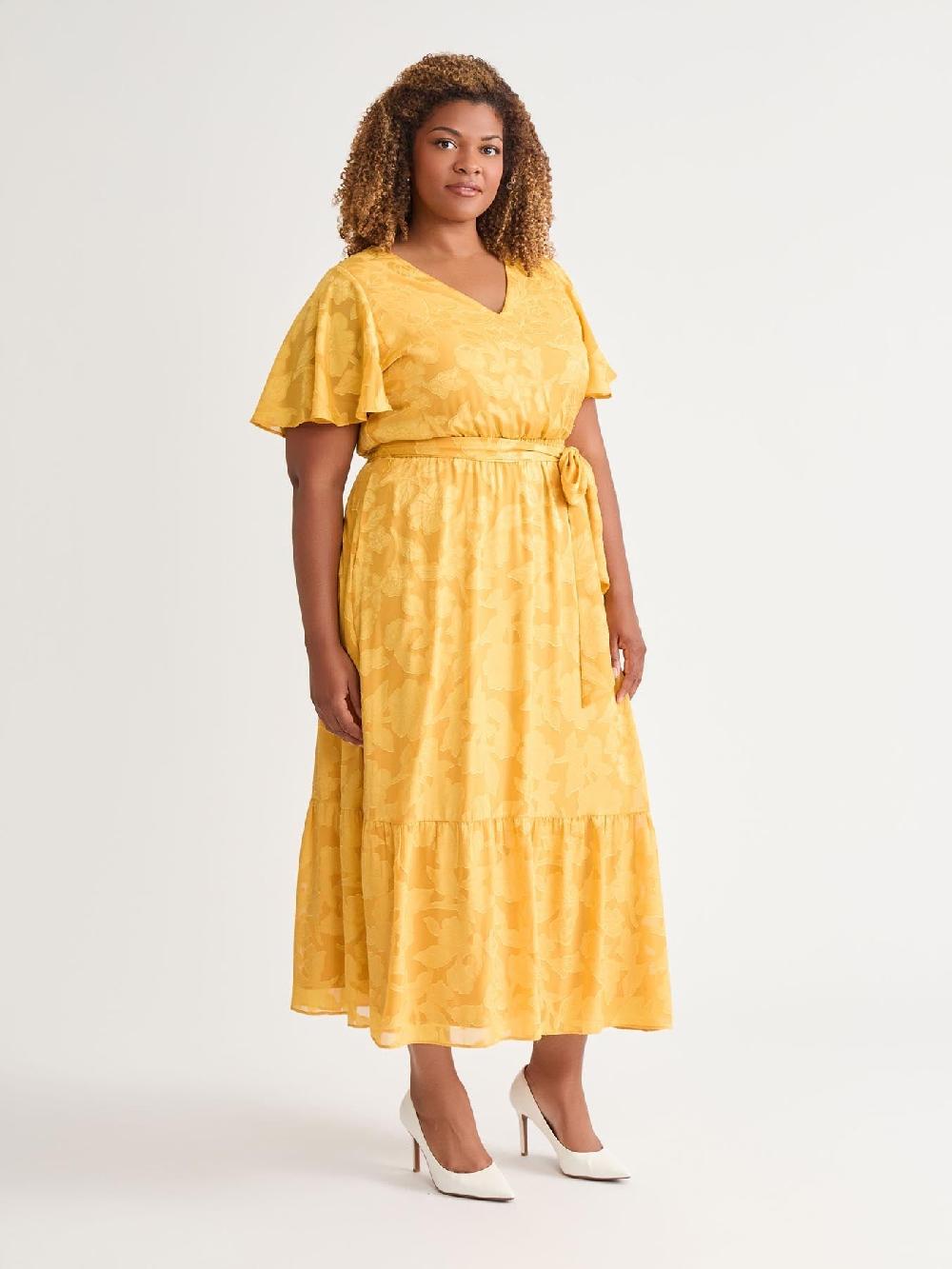 Kasper Plus Flutter Sleeve Smocked Waist Dress Gold Signature