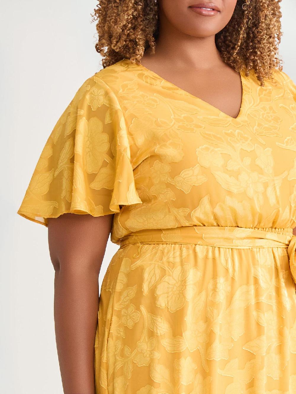 Kasper Plus Flutter Sleeve Smocked Waist Dress Gold Signature