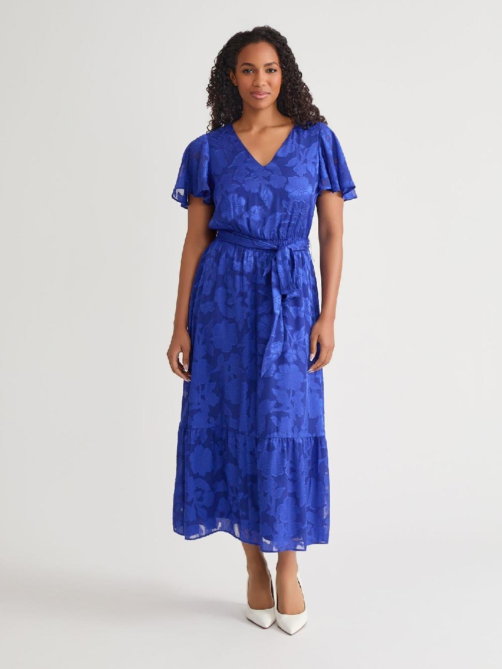 kasper Plus Flutter Sleeve Smocked Waist Dress Royal Signature