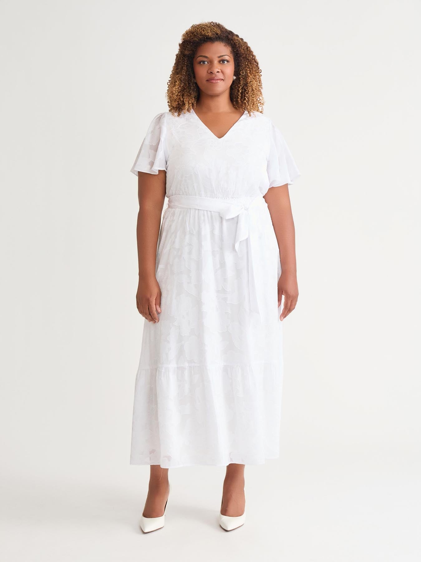 kasper Plus Flutter Sleeve Smocked Waist Dress White