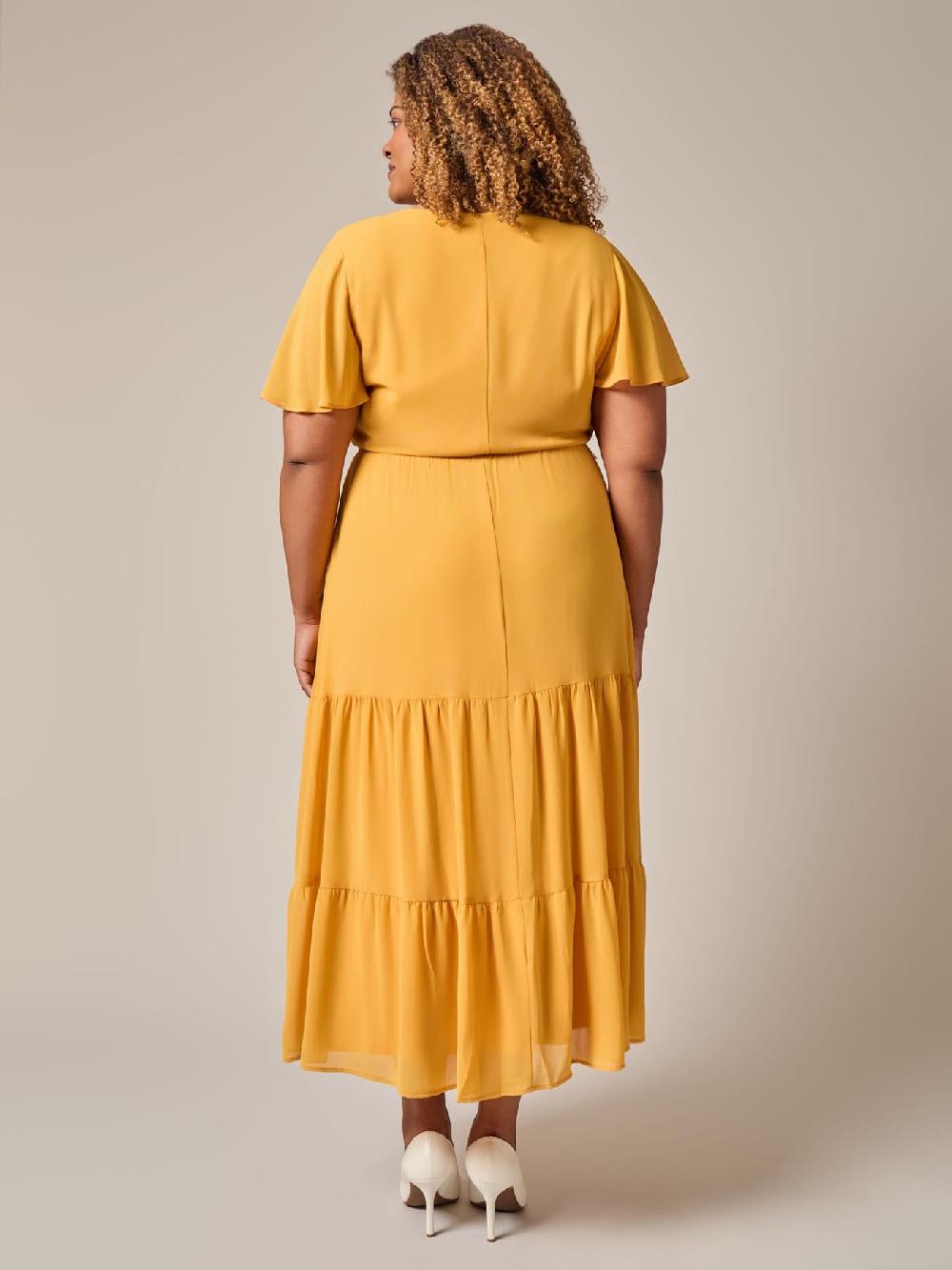 Kasper Plus Flutter Sleeve Tiered Dress Gold Signature