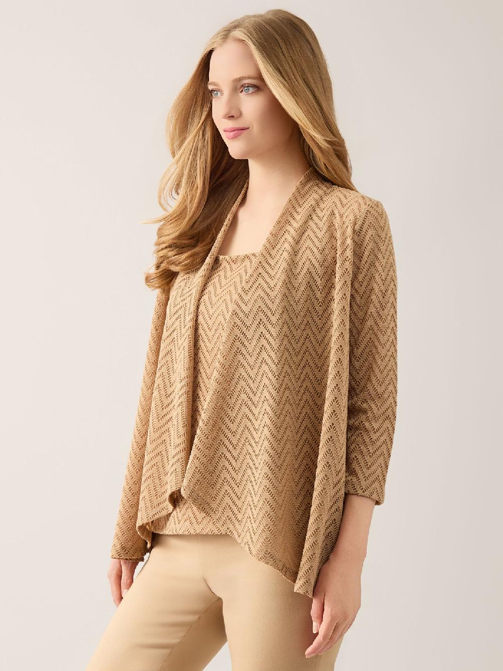 Kasper Plus Hi-Lo Burnout Herringbone Cardigan Crepe
