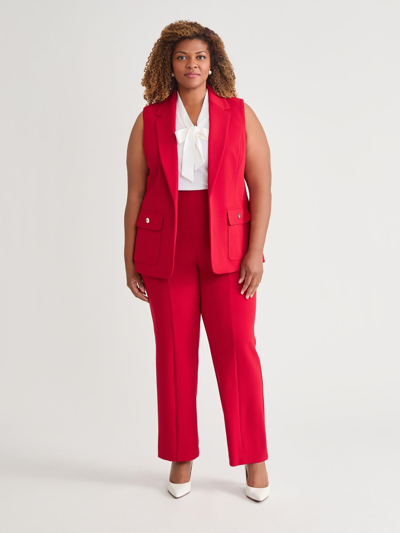 Kasper Plus Notch Collar Vest With Patch Pockets Crimson