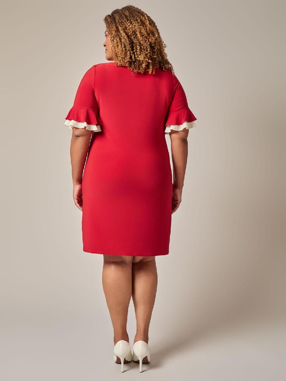 Kasper Plus Ruffle Sleeve Shift Dress Crimson/Cream