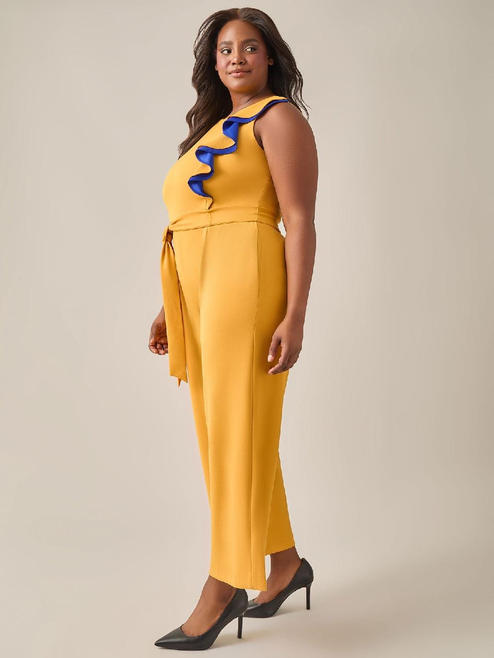 Kasper Plus Size Ruffle Shoulder Jumpsuit Gold Signature
